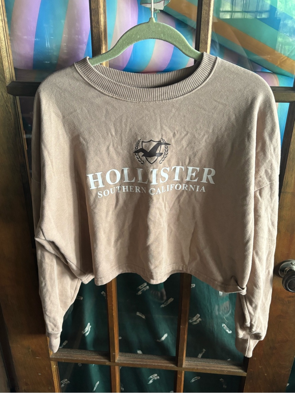 Hollister Cropped Crewneck Sweatshirt in Taupe Brown